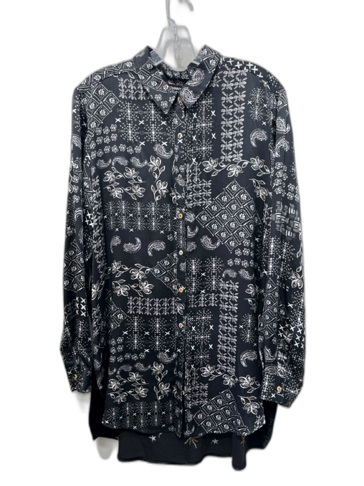 Johnny Was Size L Black & White Silk Button Up Long Sleeve Velvet Trim Top Black & White / L