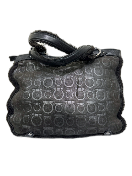 Salvatore Ferragamo Black Leather Shearling Trim Silvertone hardware Bag Black