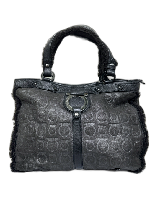 Salvatore Ferragamo Black Leather Shearling Trim Silvertone hardware Bag Black