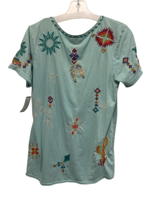 Johnny Was Size S Aqua & Multi Cotton Embroidered V Neck Top Aqua & Multi / S