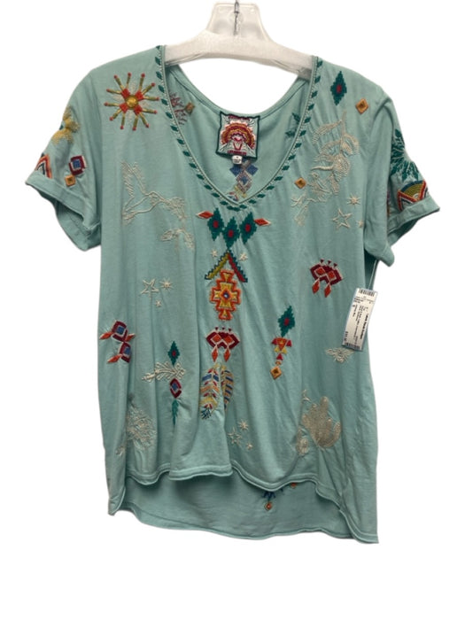 Johnny Was Size S Aqua & Multi Cotton Embroidered V Neck Top Aqua & Multi / S