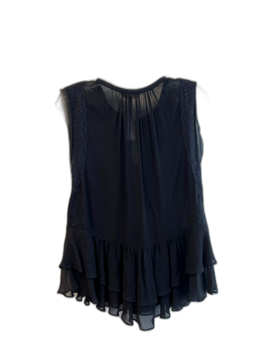 Rebecca Taylor Size 6 Black Silk Short Sleeve V Neck Sheer Lace Detail Top Black / 6