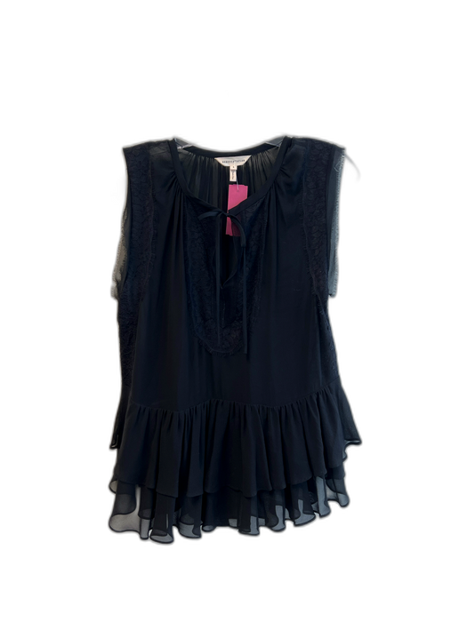 Rebecca Taylor Size 6 Black Silk Short Sleeve V Neck Sheer Lace Detail Top Black / 6