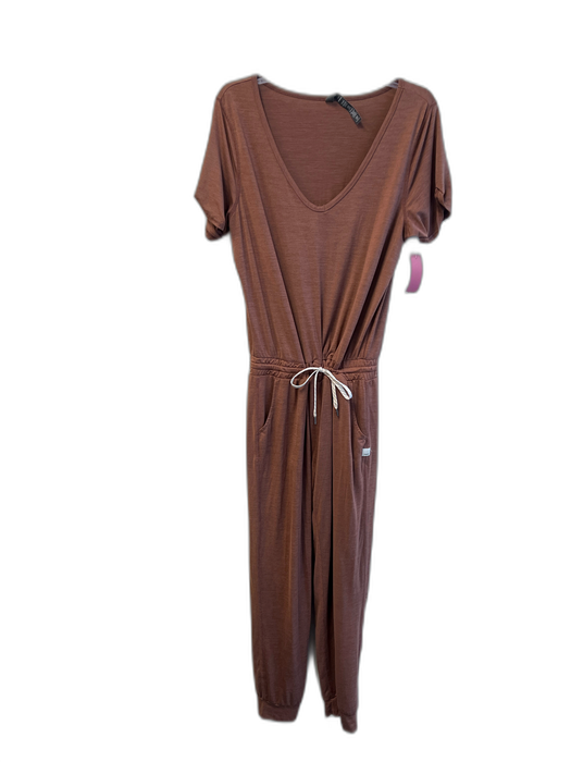 Vuori Size M Brown Polyester Short Sleeve Tie Waist Scoop Neck Jumpsuit Brown / M