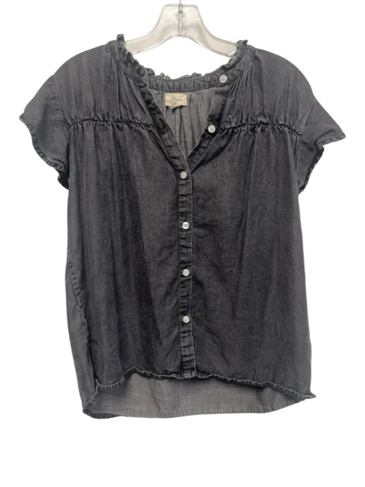 Elan Size XS Black Chambray Flutter Cap sleeve Ruffle Collar Button up Top Black / XS