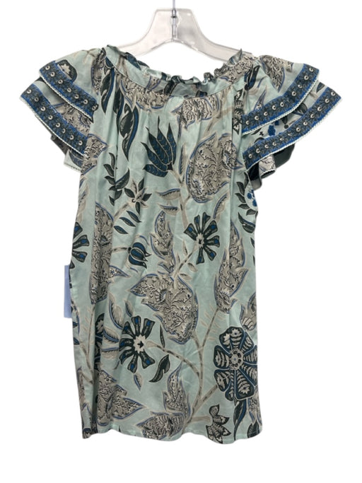 Omika Size M Blue, White, & Black Cotton Ruffle Cap Sleeve All Over Print Top Blue, White, & Black / M