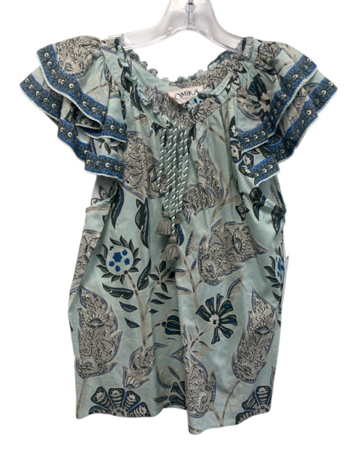 Omika Size M Blue, White, & Black Cotton Ruffle Cap Sleeve All Over Print Top Blue, White, & Black / M