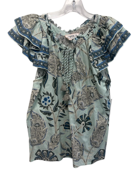 Omika Size M Blue, White, & Black Cotton Ruffle Cap Sleeve All Over Print Top Blue, White, & Black / M