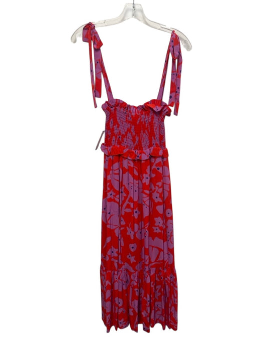 Caballero Size XS Red & Purple Viscose Long Sleeve Floral Smocked Bodice Dress Red & Purple / XS