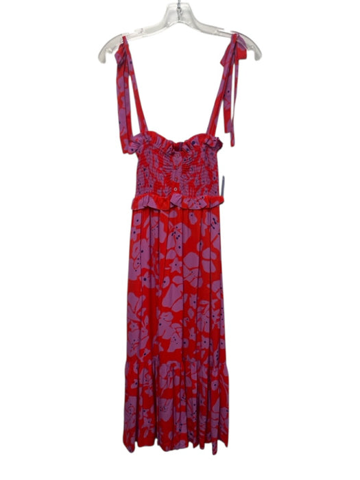 Caballero Size XS Red & Purple Viscose Long Sleeve Floral Smocked Bodice Dress Red & Purple / XS