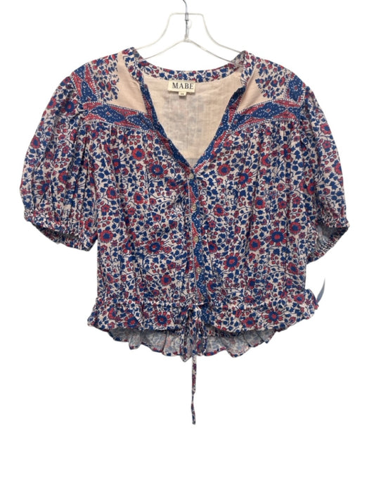 MABE Size XS Blue, Red, Pink Cotton Short Puff Sleeve Floral Print Buttons Top Blue, Red, Pink / XS