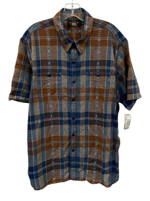RRL Size XL Blue & Tan Cotton Plaid Button Up Men's Short Sleeve Blue & Tan / XL