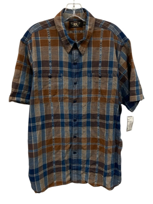 RRL Size XL Blue & Tan Cotton Plaid Button Up Men's Short Sleeve Blue & Tan / XL