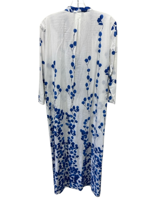 Ro's Garden Size S White & Blue Cotton 3/4 Sleeve Floral Embroidery Midi Dress White & Blue / S