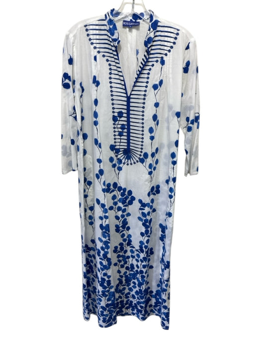 Ro's Garden Size S White & Blue Cotton 3/4 Sleeve Floral Embroidery Midi Dress White & Blue / S