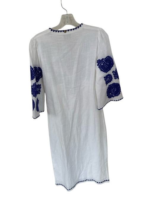 Antik Batik Size XS White & Navy Cotton Long Sleeve Embroidered Flowers Dress White & Navy / XS
