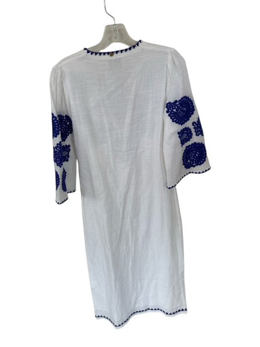 Antik Batik Size XS White & Navy Cotton Long Sleeve Embroidered Flowers Dress White & Navy / XS