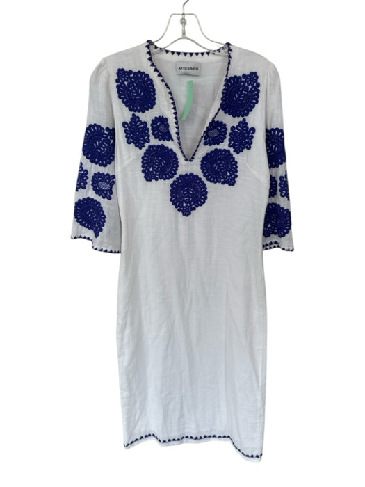 Antik Batik Size XS White & Navy Cotton Long Sleeve Embroidered Flowers Dress White & Navy / XS