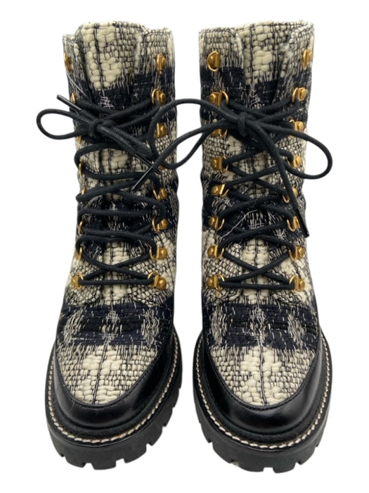 Tory Burch Shoe Size 8.5 Black & Cream Leather Trim Lace Up Boucle Logo Boots Black & Cream / 8.5