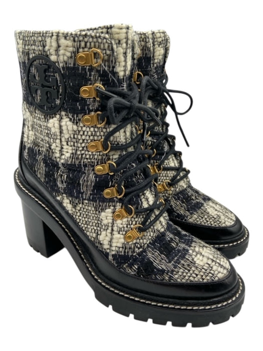 Tory Burch Shoe Size 8.5 Black & Cream Leather Trim Lace Up Boucle Logo Boots Black & Cream / 8.5