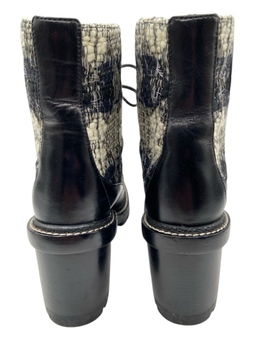 Tory Burch Shoe Size 8.5 Black & Cream Leather Trim Lace Up Boucle Logo Boots Black & Cream / 8.5