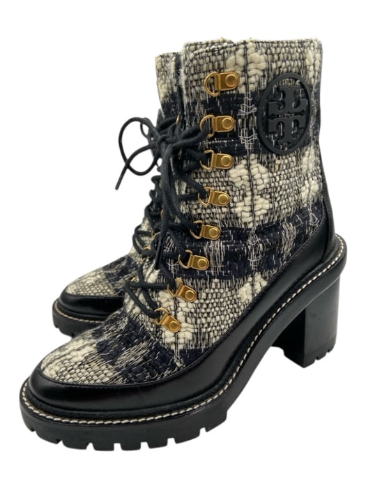 Tory Burch Shoe Size 8.5 Black & Cream Leather Trim Lace Up Boucle Logo Boots Black & Cream / 8.5