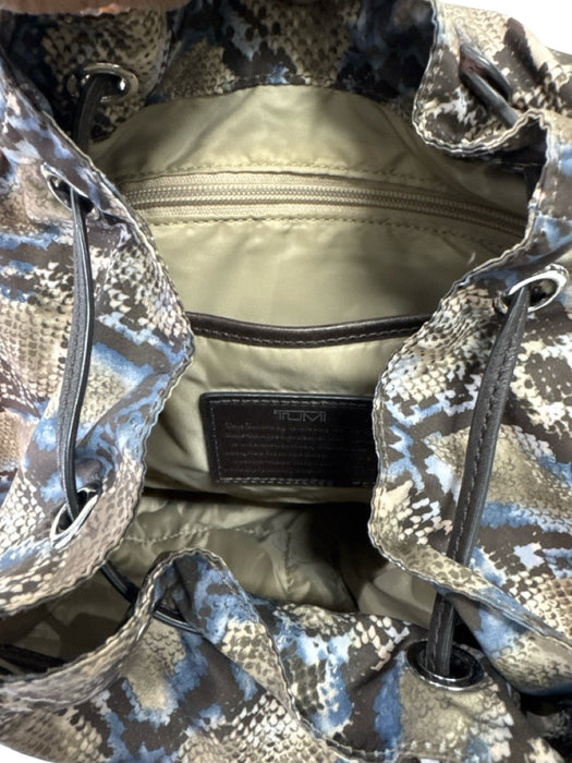 Tumi Brown & Blue Nylon Drawstring Flap Top Snakeskin Print Backpack Bag Brown & Blue