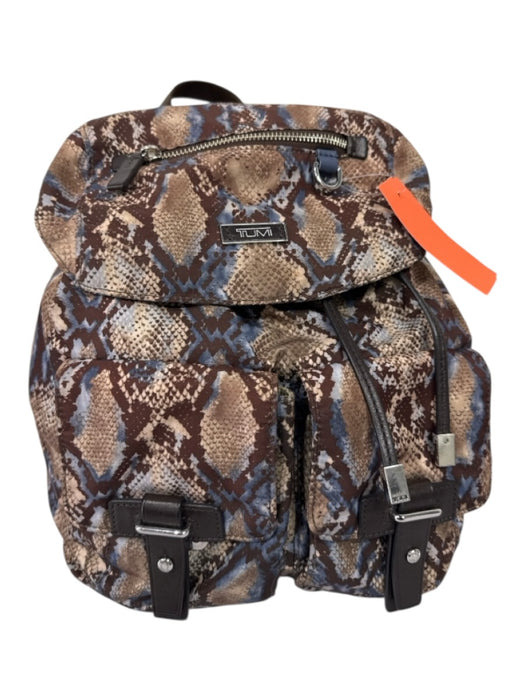 Tumi Brown & Blue Nylon Drawstring Flap Top Snakeskin Print Backpack Bag Brown & Blue