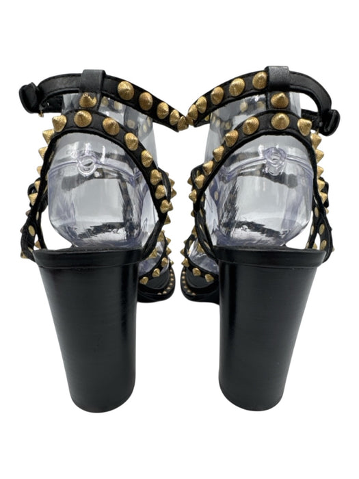 Ash Shoe Size 39 Black Leather Gold Tone Studs cage Stacked Heel Sandals Black / 39