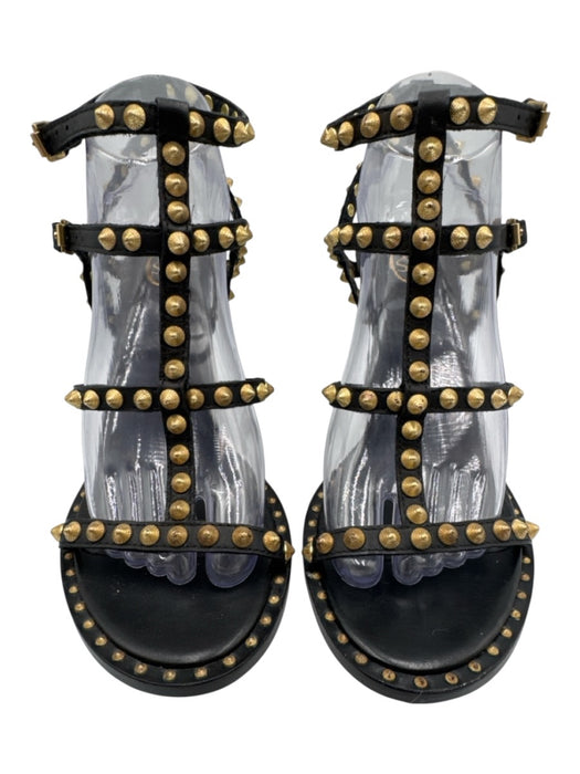 Ash Shoe Size 39 Black Leather Gold Tone Studs cage Stacked Heel Sandals Black / 39