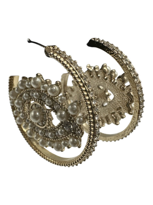 Marchesa Gold & White Gold Plated brass Filigree Eye Faux Pearl Hoop Earrings Gold & White