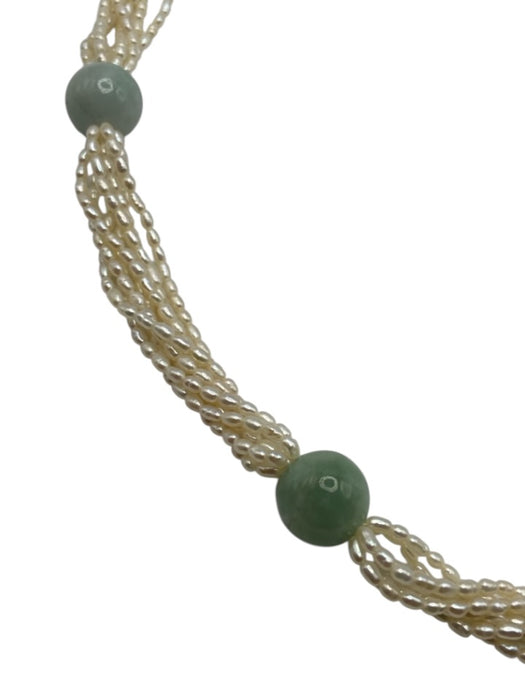 White, Aqua & Green 925 Sterling Silver Seed Pearls Multi Strand Necklace White, Aqua & Green