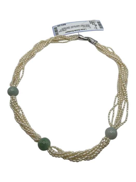 White, Aqua & Green 925 Sterling Silver Seed Pearls Multi Strand Necklace White, Aqua & Green