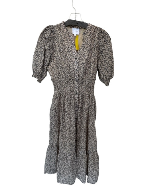 Sundays Size M Tan & Navy Cotton 3/4 Balloon Sleeve Flowers Buttons Dress Tan & Navy / M