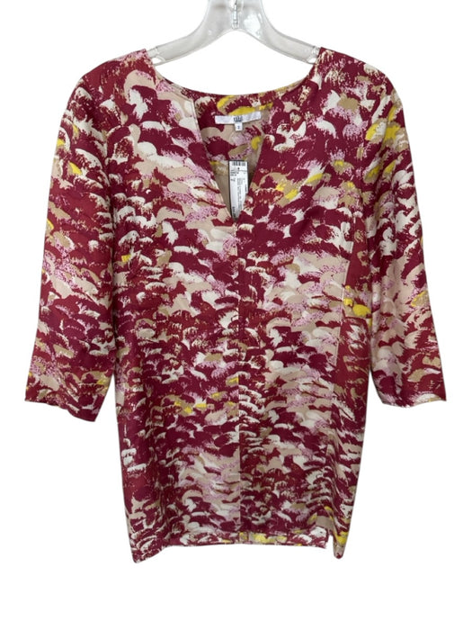 Tibi Size 2 Maroon & Yellow Silk 3/4 Sleeve Splatter Mini Dress Maroon & Yellow / 2