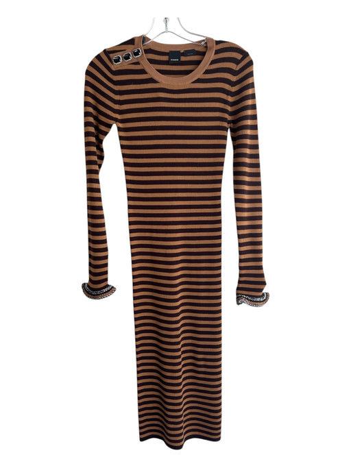 Pinko Size Small Brown & Tan Wool Blend Stripe Long Sleeve Jewled detail Dress Brown & Tan / Small