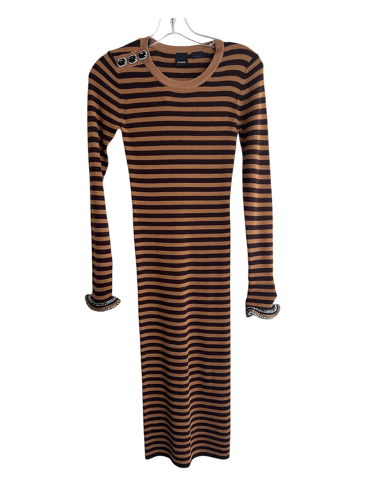 Pinko Size Small Brown & Tan Wool Blend Stripe Long Sleeve Jewled detail Dress Brown & Tan / Small