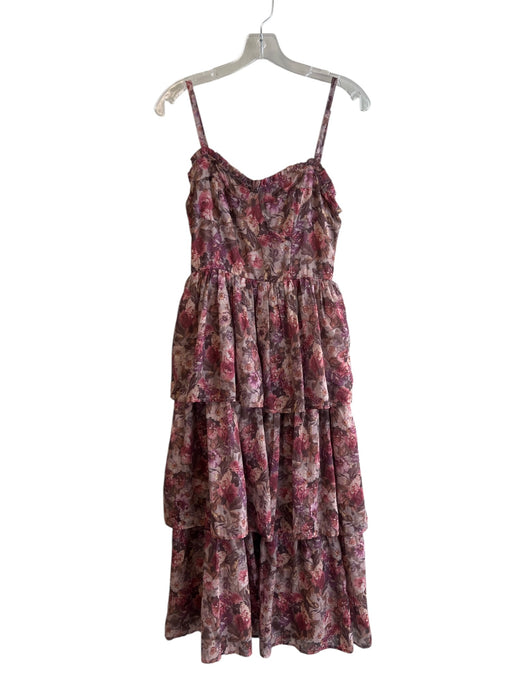 Storia Size M Pink Polyester Spaghetti Strap Floral Print Tiered Lined Dress Pink / M
