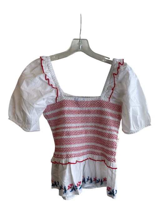 Draper James Size XS White & Red 100% Cotton Off Shoulder Synched Bodice Top White & Red / XS