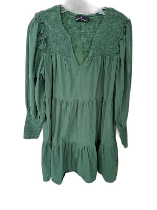 Pomander Place Size S Green Cotton Long Balloon Sleeve smocked V Neck Dress Green / S