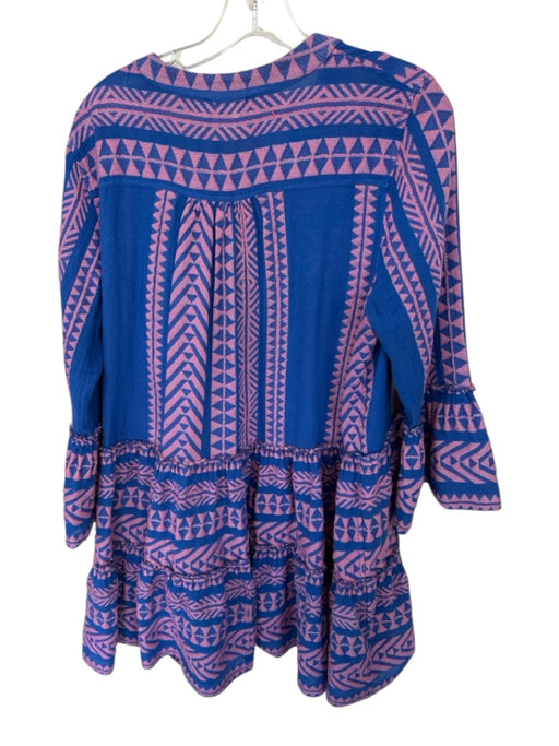 Devotion Size M Blue & Pink Cotton Long Bell Sleeve Aztec Snap Button Dress Blue & Pink / M