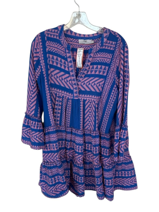 Devotion Size M Blue & Pink Cotton Long Bell Sleeve Aztec Snap Button Dress Blue & Pink / M