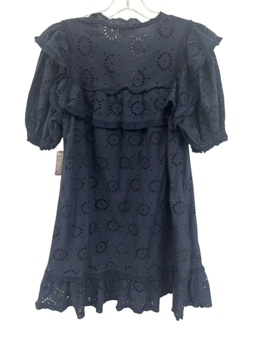 Stellah Size XS Navy Cotton Puff Sleeves Cut Outs Split Neck Ruffle Dress Navy / XS