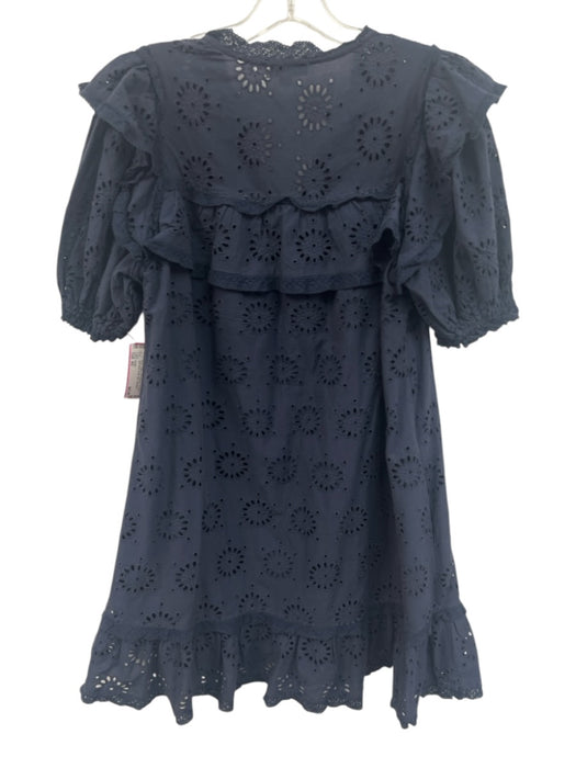 Stellah Size XS Navy Cotton Puff Sleeves Cut Outs Split Neck Ruffle Dress Navy / XS