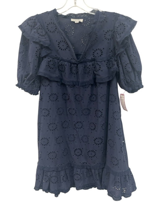 Stellah Size XS Navy Cotton Puff Sleeves Cut Outs Split Neck Ruffle Dress Navy / XS
