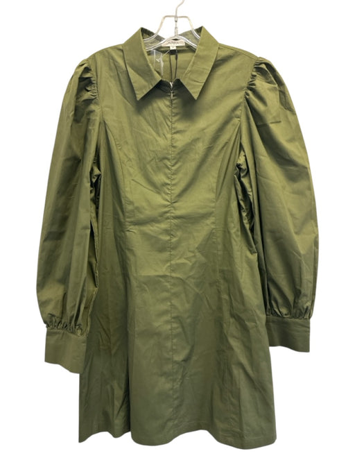 avara Size M Olive Green Cotton Long Balloon Sleeve Collared Quarter Zip Dress Olive Green / M