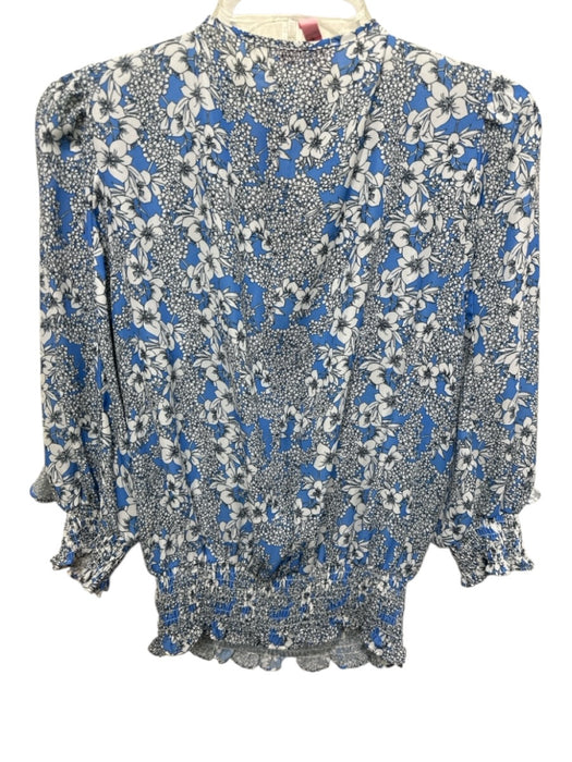 Parker Size Small Blue & White Print Polyester Floral Smocked Waist Ruffle Top Blue & White Print / Small