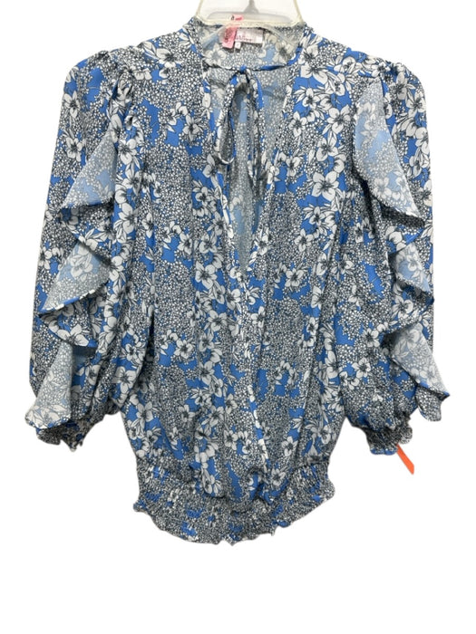 Parker Size Small Blue & White Print Polyester Floral Smocked Waist Ruffle Top Blue & White Print / Small