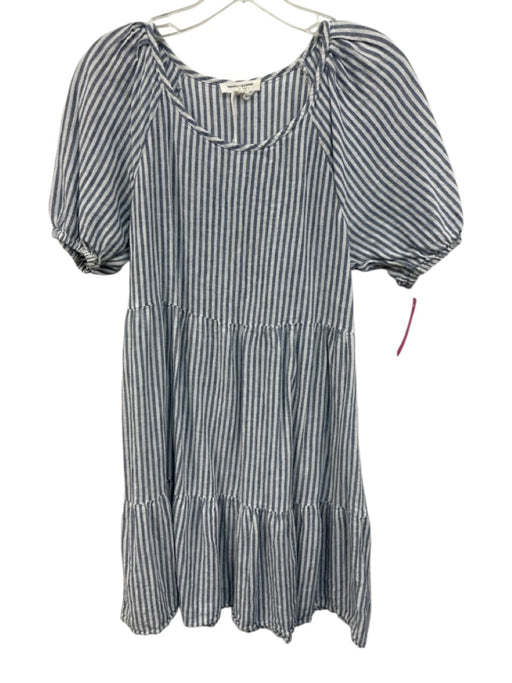 Beach Lunch Lounge Size XS Blue & White Linen Blend Striped Puff Sleeve Dress Blue & White / XS