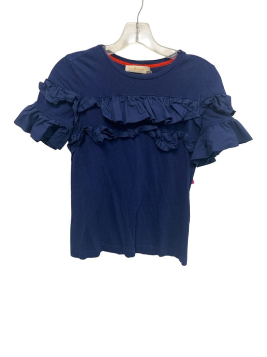 Tory Burch Size XS Navy Cotton Short Sleeve Ruffles Top Navy / XS